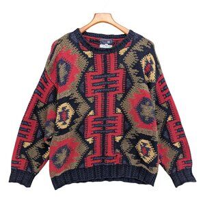 Vtg Tailors Row Finery Sweater Mens Red Blue Chunky Hand Knit Cosby Sweater Sz M